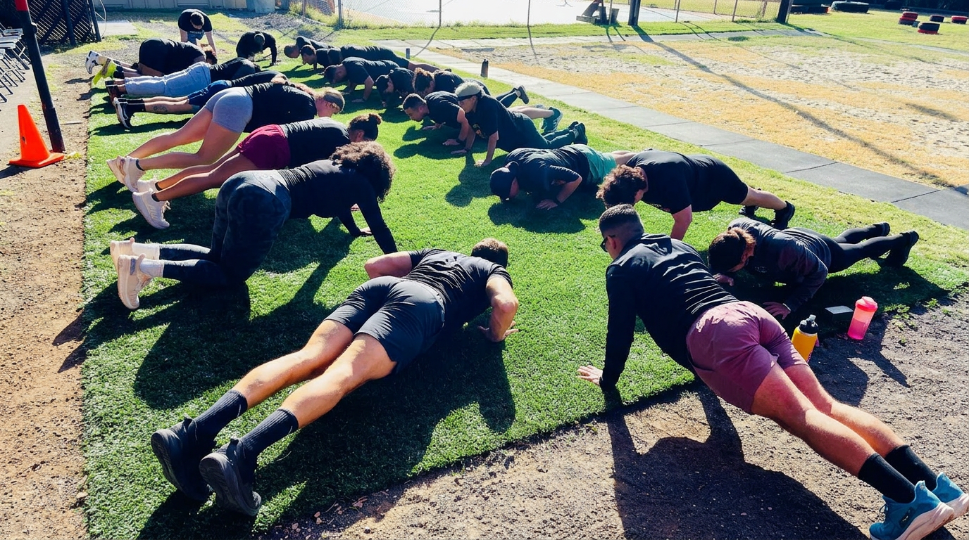 Big Tire Bootcamp athletes doing pushups in formation on the field at Warrior Field, Ewa Beach